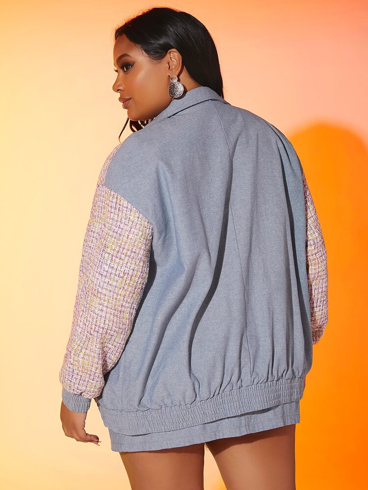 Plus 1 PC Dual Pocket Zip Front Drop Shoulder Tweed Jacket