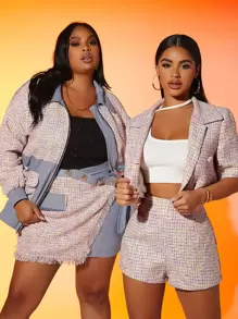 SHEIN SXY 大碼1入組雙口袋前拉鏈落肩袖粗花呢夾克 - 彩色 - 查看 3