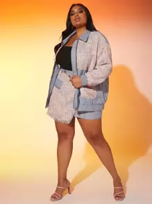 SHEIN SXY 大碼1入組雙口袋前拉鏈落肩袖粗花呢夾克 - 彩色 - 查看 4