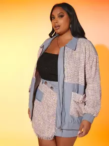 SHEIN SXY 大碼1入組雙口袋前拉鏈落肩袖粗花呢夾克 - 彩色 - 查看 6