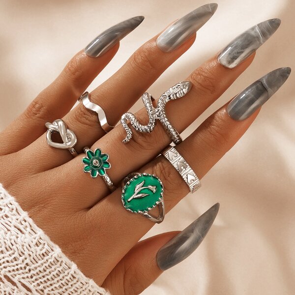 

6pcs Flower Decor Ring, Silver