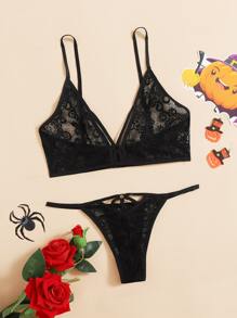 Floral Lace Thong Lingerie Set - Black - View 1