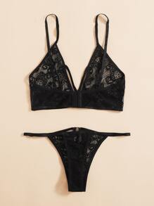 Floral Lace Thong Lingerie Set - Black - View 2