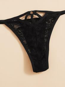 Floral Lace Thong Lingerie Set - Black - View 3