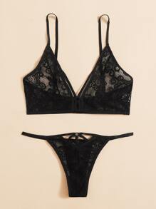 Floral Lace Thong Lingerie Set - Black - View 4
