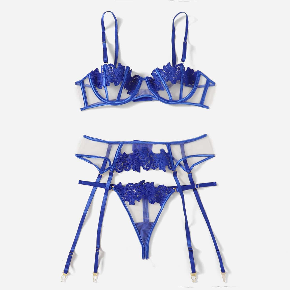 

Floral Embroidered Mesh Underwire Lingerie Set, Blue