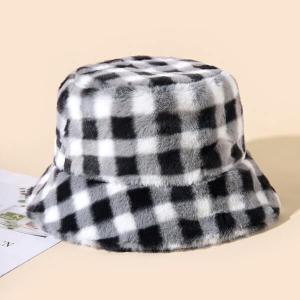 

Plaid Print Fuzzy Bucket Hat, Multicolor