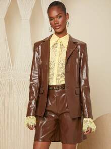 SHEIN BAE Button Front PU Leather Blazer - Brown - View 1