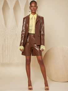 SHEIN BAE Button Front PU Leather Blazer - Brown - View 5