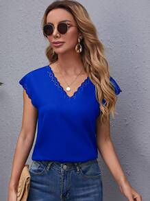 SHEIN Clasi Laser Cut Scallop Trim Solid Top - Royal Blue - View 1