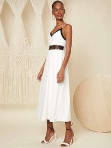 SHEIN Unity Contrast Lace PU Leather Cami Dress - White - View 3