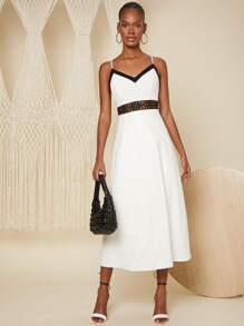 SHEIN Unity Contrast Lace PU Leather Cami Dress - White - View 5