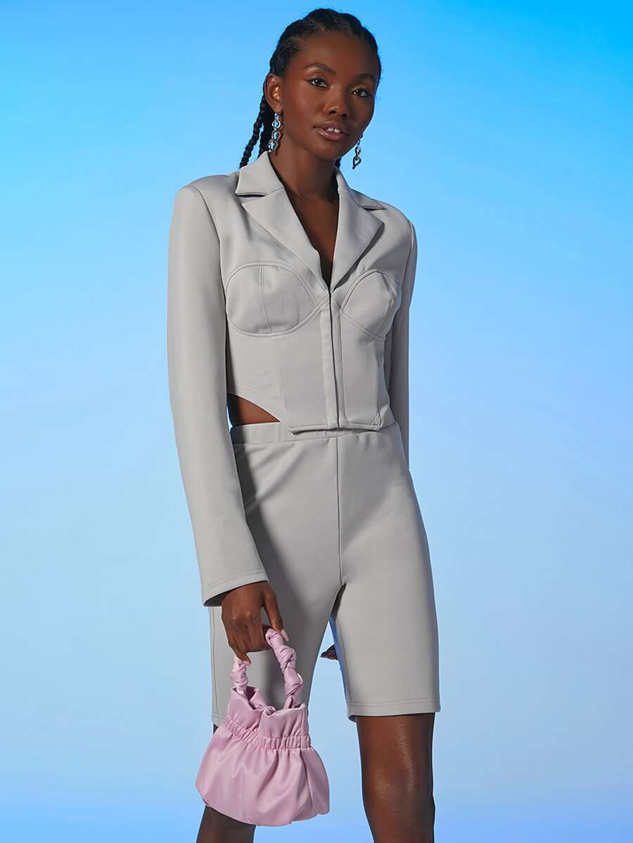 SHEIN BAE 西裝領不對稱下擺西裝外套 - 灰色 - 查看 1