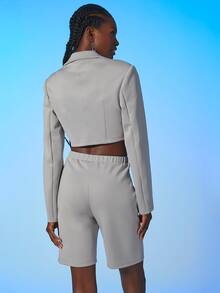 SHEIN BAE 西裝領不對稱下擺西裝外套 - 灰色 - 查看 2