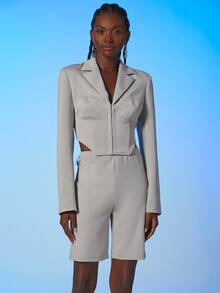 SHEIN BAE 西裝領不對稱下擺西裝外套 - 灰色 - 查看 5