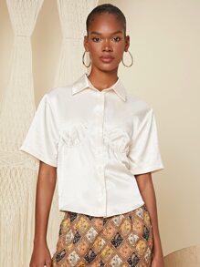 SHEIN Unity Solid Collared Button Up Shirt - Beige - View 1