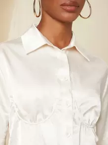SHEIN Unity Solid Collared Button Up Shirt - Beige - View 4