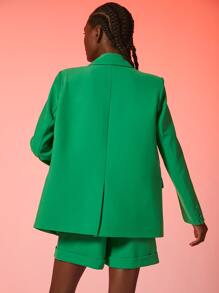 SHEIN BAE 西裝領翻領翻蓋細節西裝外套和卷邊短褲套裝 - 綠色 - 查看 2
