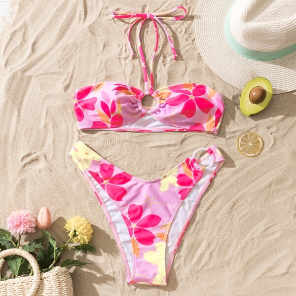 

Floral Print Ring Linked Halter Bikini Swimsuit, Multicolor