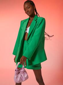 SHEIN BAE 西裝領翻領翻蓋細節西裝外套和卷邊短褲套裝 - 綠色 - 查看 4