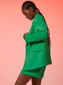 SHEIN BAE 西裝領翻領翻蓋細節西裝外套和卷邊短褲套裝 - 綠色 - 查看 6