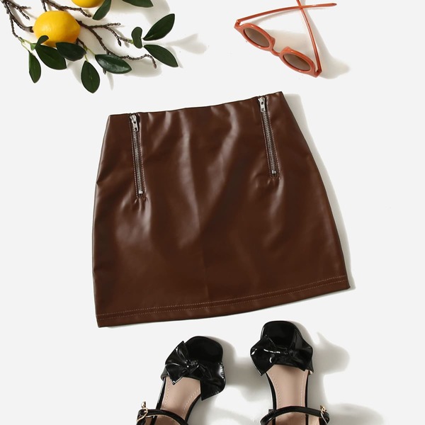 

Toddler Girls Double Zipper PU Skirt, Chocolate brown