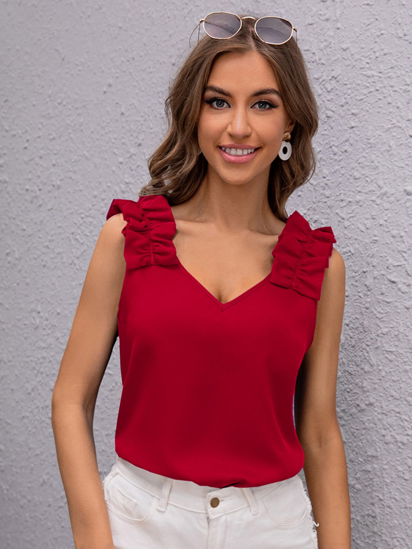 SHEIN Clasi Ruffle Strap Tank Top - Red - View 1