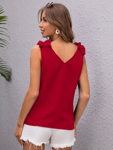 SHEIN Clasi Ruffle Strap Tank Top - Red - View 2