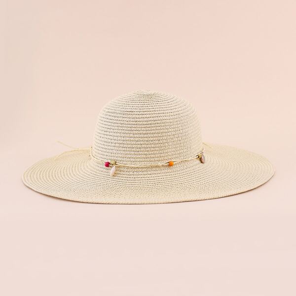 

Bead & Shell Decor Straw Hat, Beige