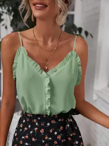 SHEIN Frenchy Frill Trim Solid Cami Top - Mint Green - View 1