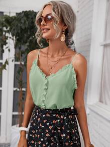 SHEIN Frenchy Frill Trim Solid Cami Top - Mint Green - View 4