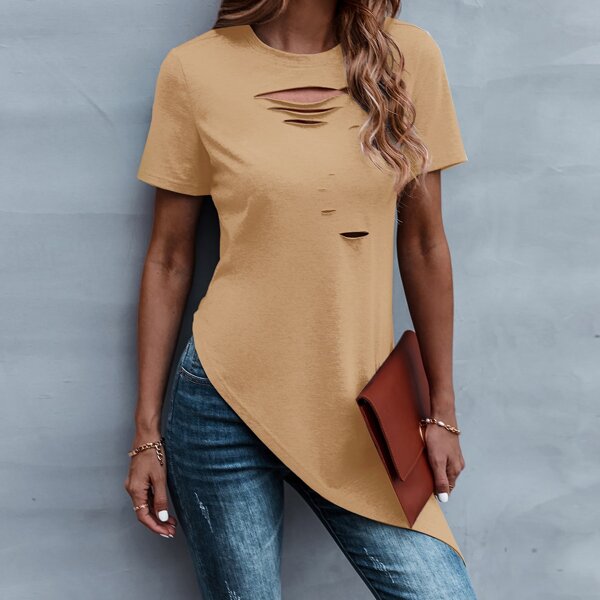 

Solid Ripped Asymmetric Hem Tee, Khaki