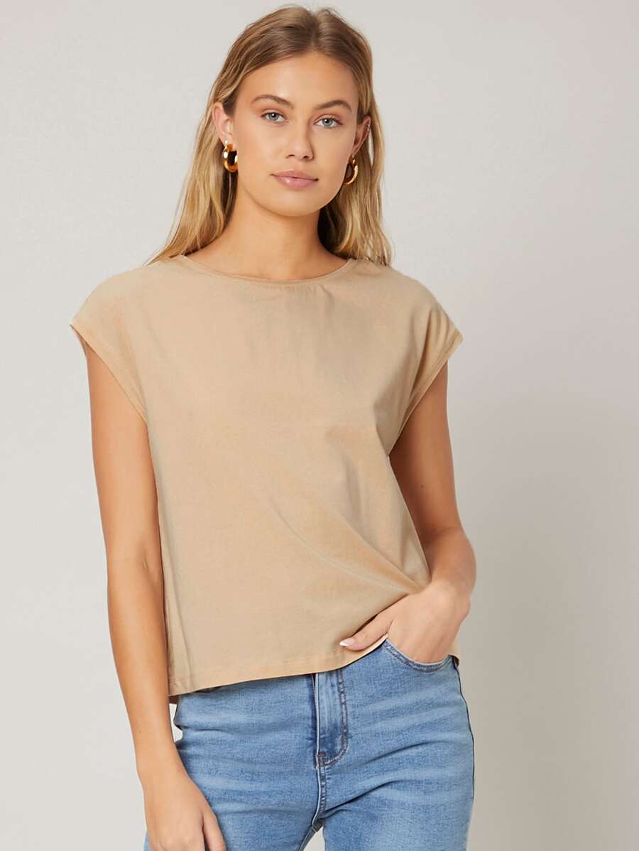 SHEIN Camiseta unicolor de manga murciélago - Albaricoque - Ver 1