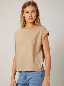 SHEIN Camiseta unicolor de manga murciélago - Albaricoque - Ver 3