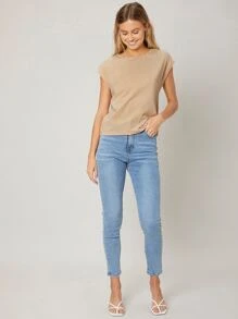 SHEIN Camiseta unicolor de manga murciélago - Albaricoque - Ver 5