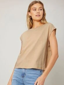 SHEIN Camiseta unicolor de manga murciélago - Albaricoque - Ver 9