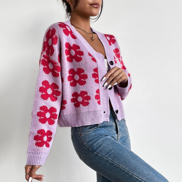 

Floral Pattern Button Front Drop Shoulder Cardigan, Multicolor