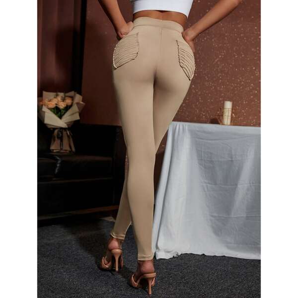

Solid Shirred Pocket Back Leggings, Khaki