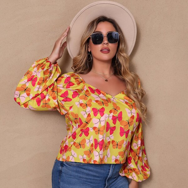 

Plus Allover Butterfly Print Bishop Sleeve Blouse, Multicolor