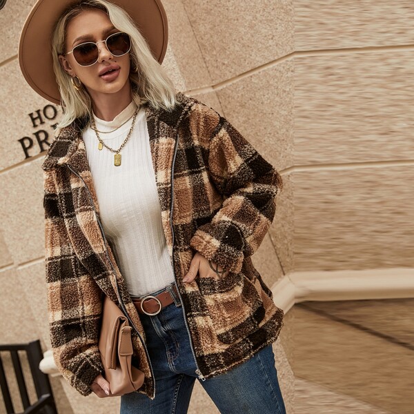 

Plaid Dual Pocket Teddy Coat, Multicolor