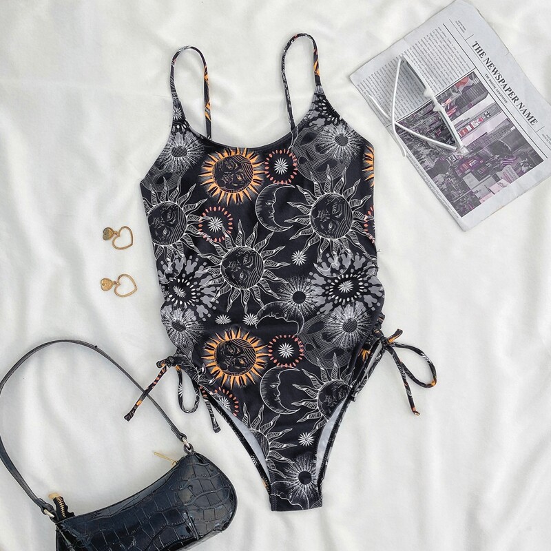 

Sun & Moon Print Drawstring Side One Piece Swimsuit, Black