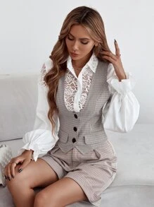 SHEIN Privé 1pc Plaid Print Flap Detail Work Women Vest Blazer - Apricot - View 1