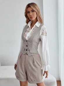 SHEIN Privé 1pc Plaid Print Flap Detail Work Women Vest Blazer - Apricot - View 3