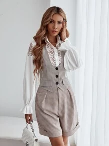 SHEIN Privé 1pc Plaid Print Flap Detail Work Women Vest Blazer - Apricot - View 5