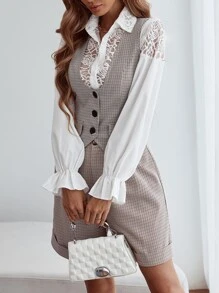 SHEIN Privé 1pc Plaid Print Flap Detail Work Women Vest Blazer - Apricot - View 6