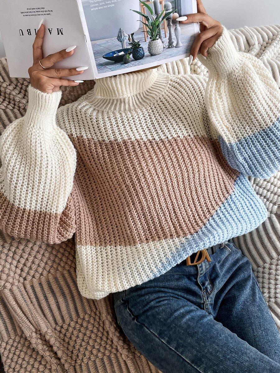 Chiquease Turtleneck Bishop Sleeve Colourblock Oversized Jumper - Multicolor - View 1