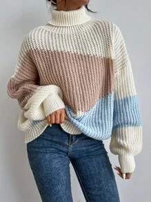 Chiquease Turtleneck Bishop Sleeve Colourblock Oversized Jumper - Multicolor - View 4