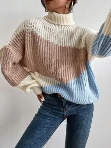 Chiquease Turtleneck Bishop Sleeve Colourblock Oversized Jumper - Multicolor - View 5