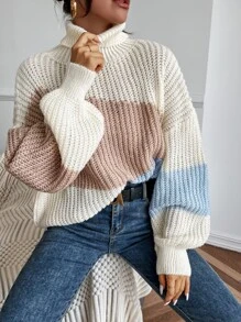 Chiquease Turtleneck Bishop Sleeve Colourblock Oversized Jumper - Multicolor - View 6