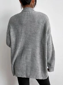 Chiquease Áo len cardigan dệt kim gân hai túi trơn, áo len cardigan nữ dáng rộng màu xám trơn dáng rộng, thường ngày, mặc hàng ngày, áo dài tay, túi thả vai, áo len cardigan nữ dáng rộng, thường ngày cuối thu - Xám - Xem 2